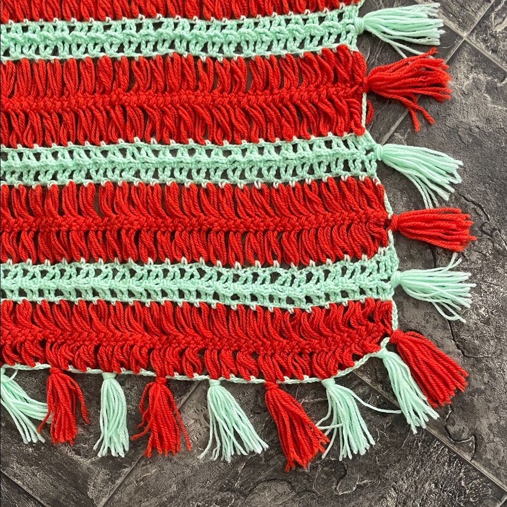 HANDMADE Turquoise & Dark Orange Crochet Cottagecore Throw Blanket with Tassels
